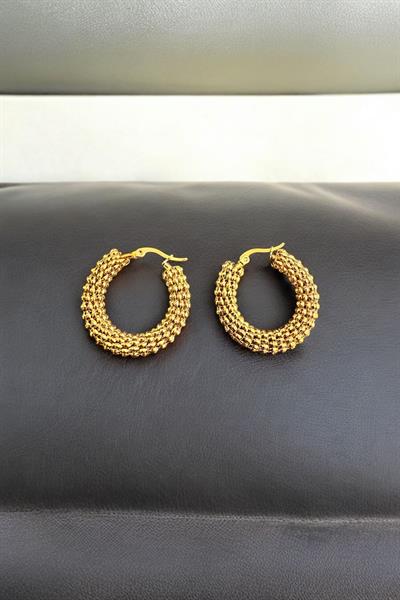 Çelik Gofre Altın Rengi Halka Küpe Gold
