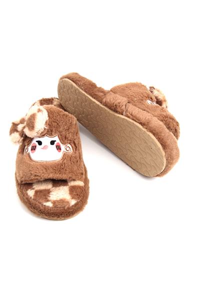 Kadın Önü Açık Peluş Kahverengi Ev Terliği 