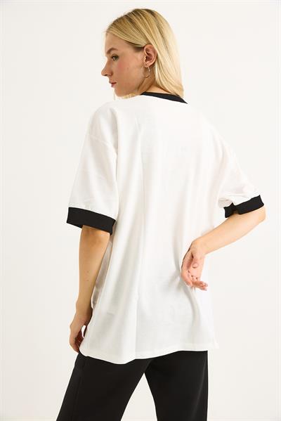 Kolları Garnili Baskılı  Oversize Kadın Tshirt Beyaz