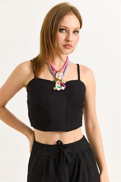 İp Askılı Örme Crop Bluz Siyah