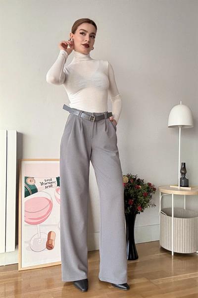 Likralı Krep Örme Kumaş Kemerli Salaş Pantolon Gri