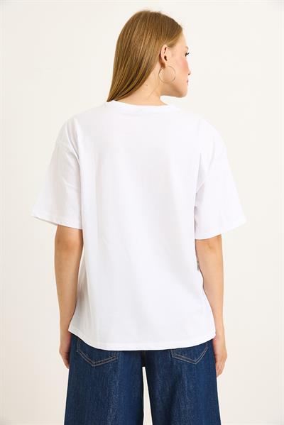 Baskılı Bisiklet Yaka Kadın Tshirt Beyaz