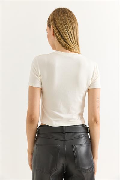 Deniz Yıldızı Baskılı Bisiklet Yaka Crop Beyaz