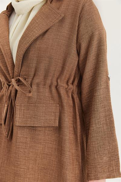 Bel Bağlamalı Ceketli Keten Takım Taba