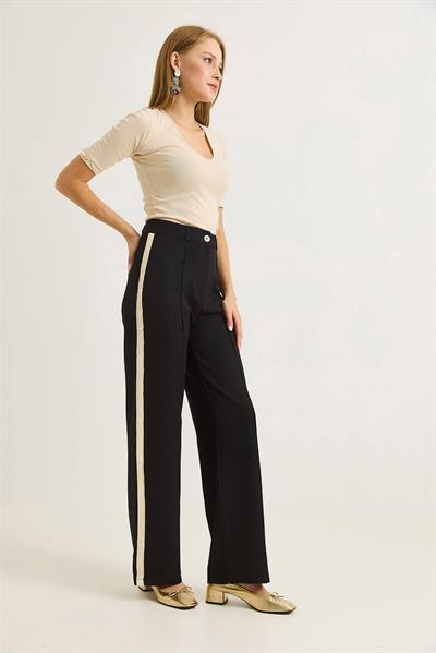 Yanları Şeritlik Bol Paça Kadın Pantolon Siyah