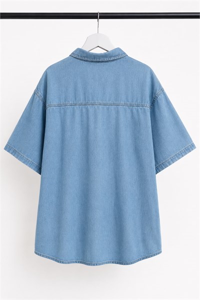 Kadın Oversize Cepli Çıt Çıt Düğmeli Denim Gömlek Mavi