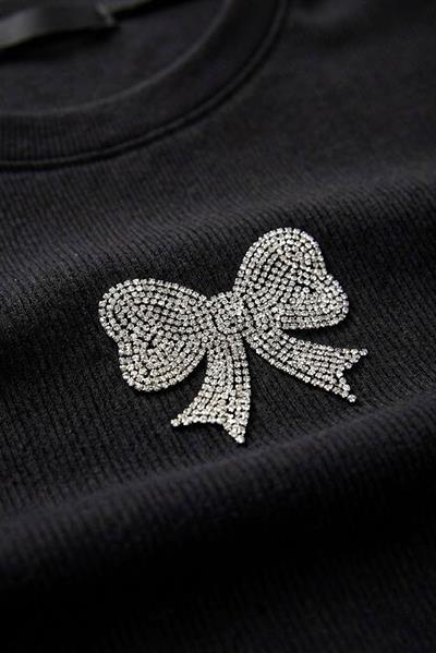 Kadın Taş Baskılı Kısa Kollu Kaşkorse Crop Bluz Siyah
