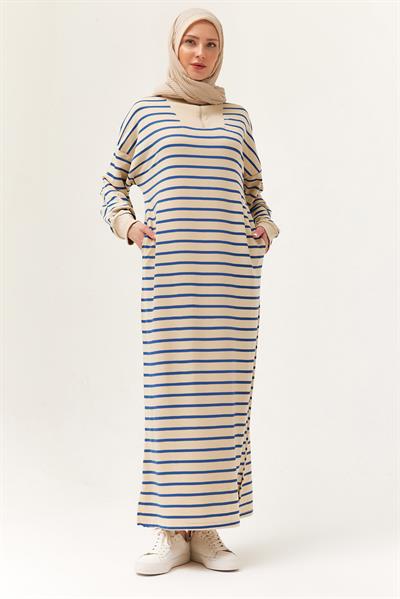 Yarım Fermuar Çizgili Uzun Elbise Lacivert