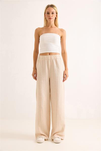 Çizgi Desenli Bol Paçalı Keten Pantolon Pembee