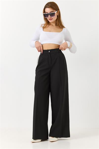 Kadın Yanlardan Şeritli Bol Paça Kumaş Pantolon