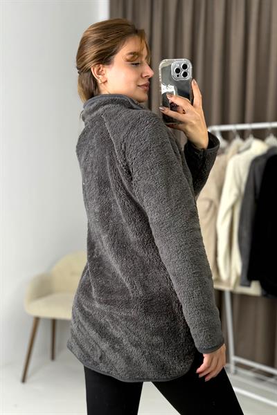 Kadın Yarım Fermuarlı  Welsoft Peluş Antrasit Sweatshirt 