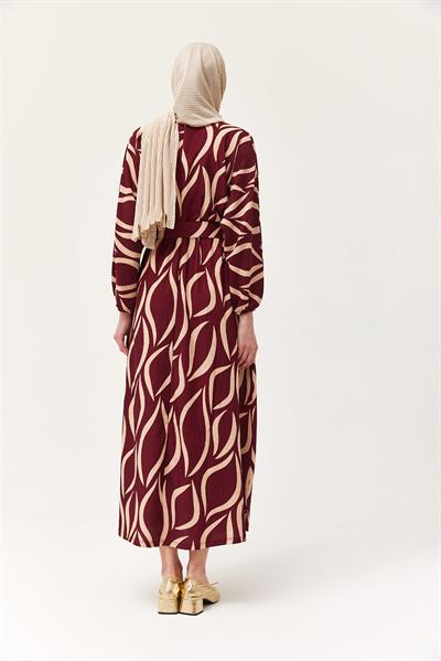 Kemerli Yarasa Kol Kemerli Elbise	Bordo