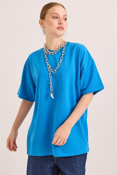 Oversize Bisiklet Yaka Basic Tshirt Mavi