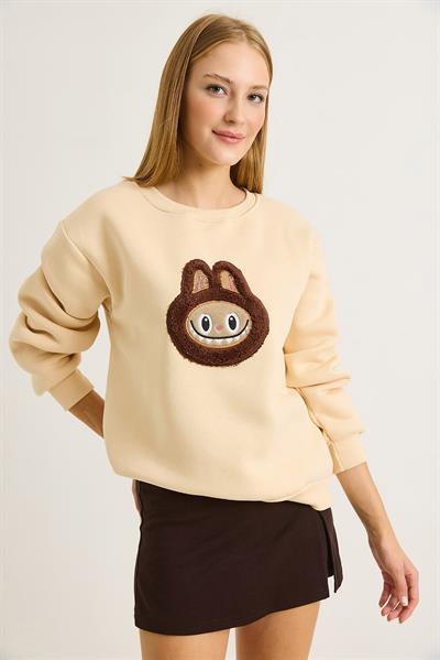 Kadın Labubu İşlemeli Üç İplik Sweatshirt Bej
