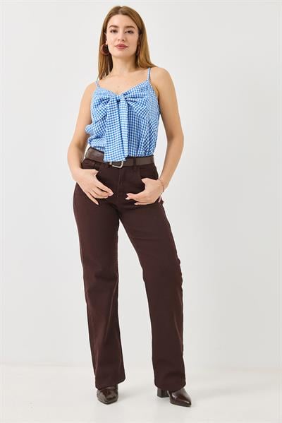 Kadın Kesik Boru Paça Kemerli Kot Pantolon