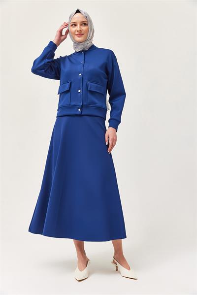 Metal Düğmeli Etekli Scuba İkili Takım Lacivert