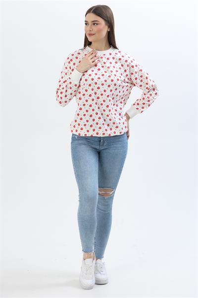 Çiçek Desen İki İplik Sweatshirt Beyaz