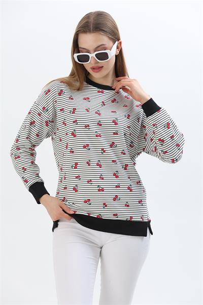 Çiçek Desen İki İplik Sweatshirt Beyaz