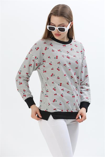 Çiçek Desen İki İplik Sweatshirt Beyaz