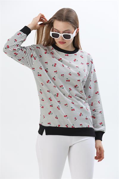 Çiçek Desen İki İplik Sweatshirt Beyaz