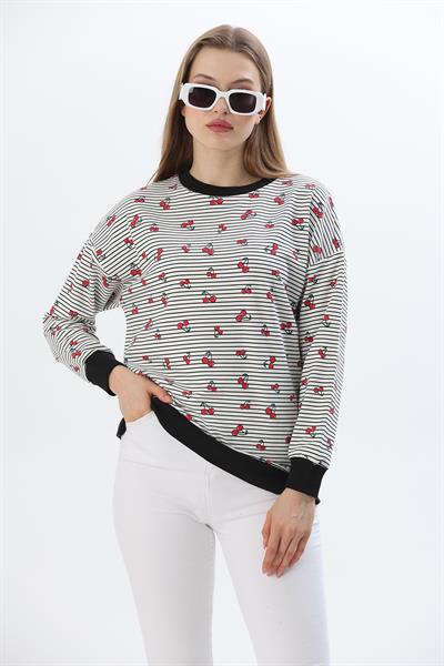 Çiçek Desen İki İplik Sweatshirt Beyaz