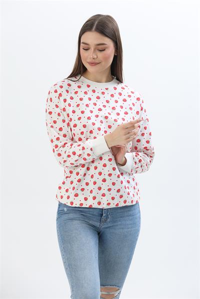 Çiçek Desen İki İplik Sweatshirt Beyaz
