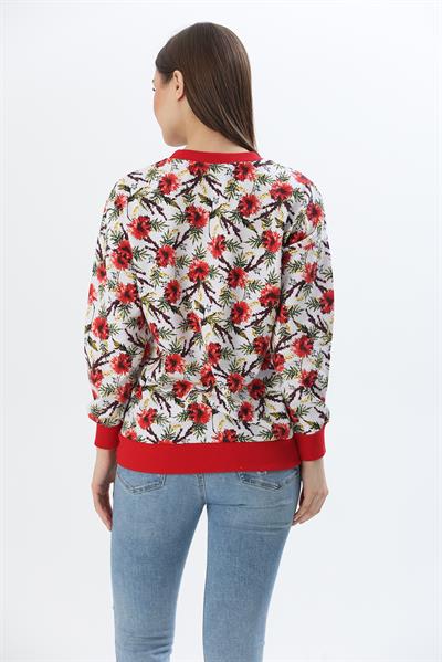 Çiçek Desen İki İplik Sweatshirt Kırmızı