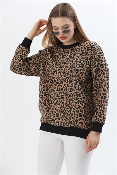 Çiçek Desen İki İplik Sweatshirt Leopar