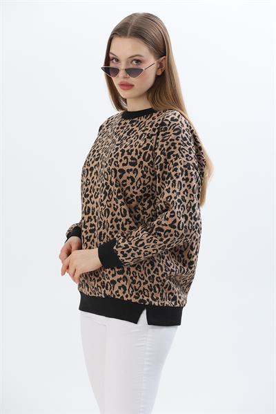 Çiçek Desen İki İplik Sweatshirt Leopar