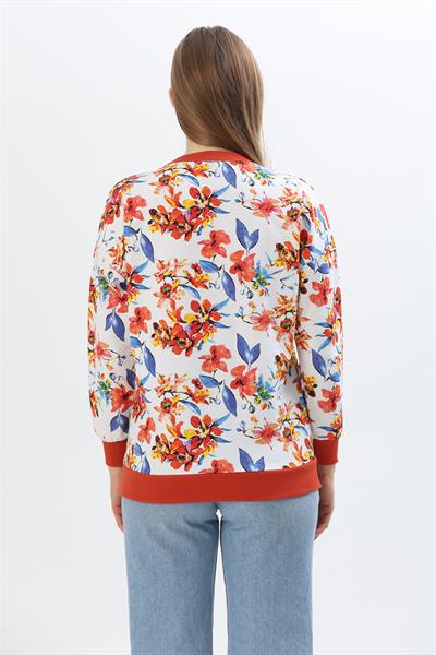 Çiçek Desen İki İplik Sweatshirt Mavi Turuncu
