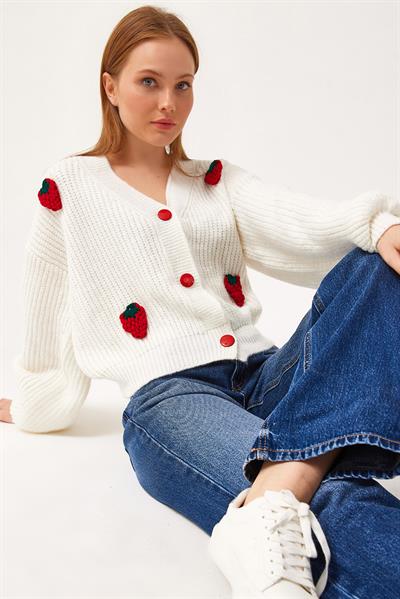 Çilek Motifli Oversize Triko Hırka Kırmızı