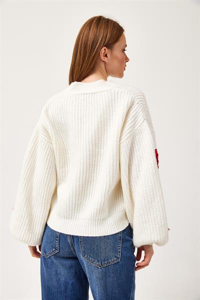 Çilek Motifli Oversize Triko Hırka Kırmızı