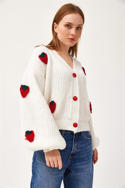 Çilek Motifli Oversize Triko Hırka Kırmızı