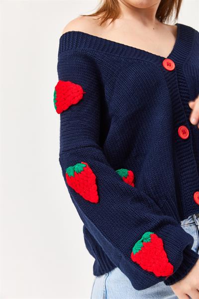 Çilek Motifli Oversize Triko Hırka Lacivert