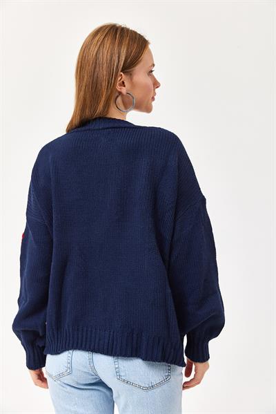 Çilek Motifli Oversize Triko Hırka Lacivert