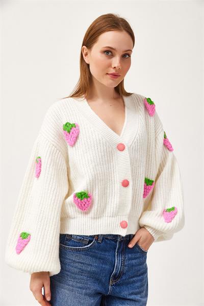 Çilek Motifli Oversize Triko Hırka Pembe