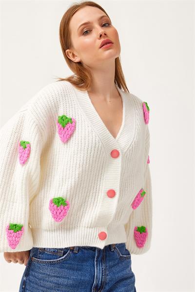 Çilek Motifli Oversize Triko Hırka Pembe