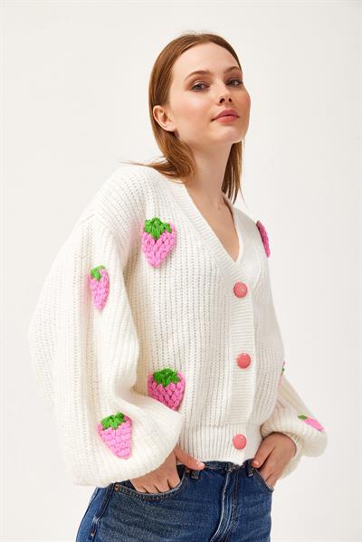 Çilek Motifli Oversize Triko Hırka Pembe