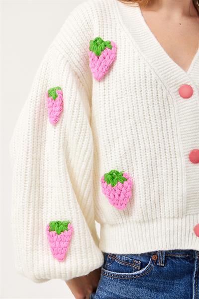Çilek Motifli Oversize Triko Hırka Pembe