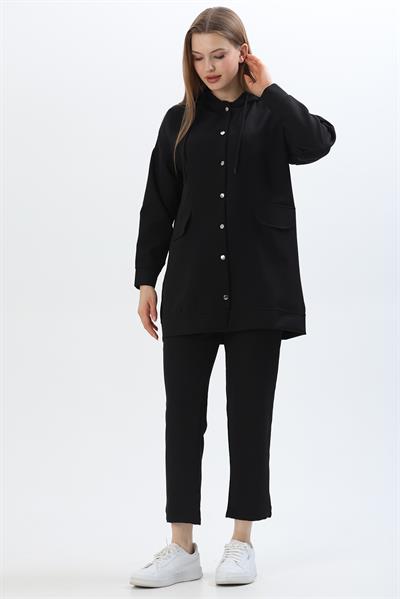 Çıt Çıt Kapamalı Kapüşonlu İkili Takım Siyah