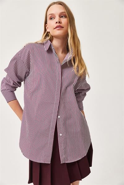 Çizgili Oversize Basic Gömlek Bordo