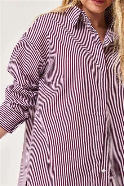 Çizgili Oversize Basic Gömlek Bordo