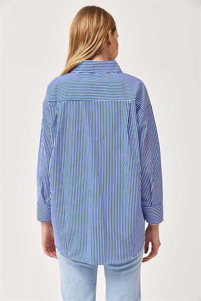 Çizgili Oversize Basic Gömlek Mavi