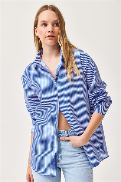 Çizgili Oversize Basic Gömlek Mavi