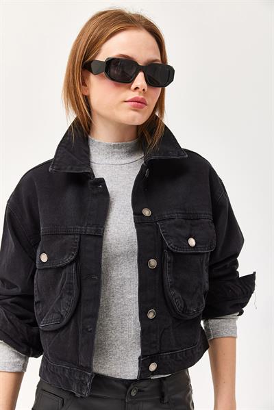 Crop Oversize Efektli Siyah Kot Ceket