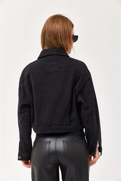 Crop Oversize Efektli Siyah Kot Ceket