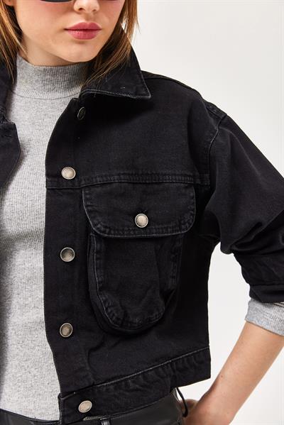 Crop Oversize Efektli Siyah Kot Ceket