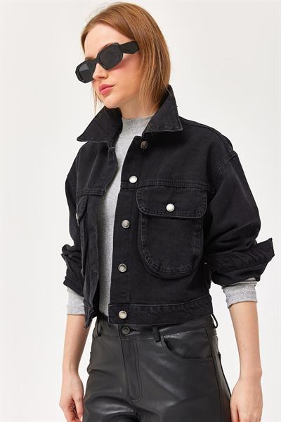Crop Oversize Efektli Siyah Kot Ceket