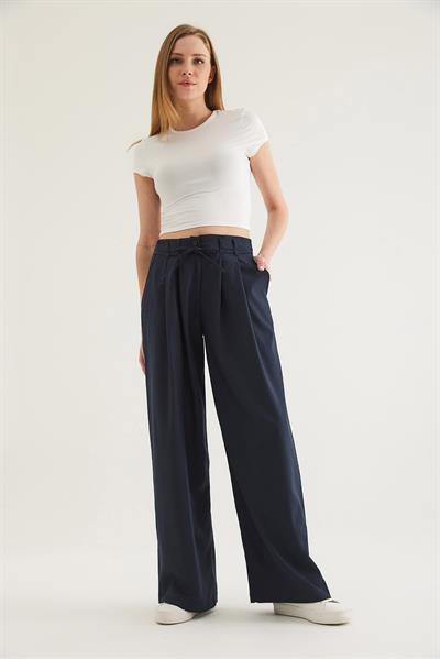 Kendinden Kemerli Cepli Bol Pantolon Lacivert