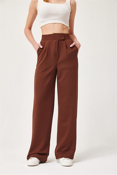 Beli Cırtlı Rahat Palazzo Pantolon Kahverengi